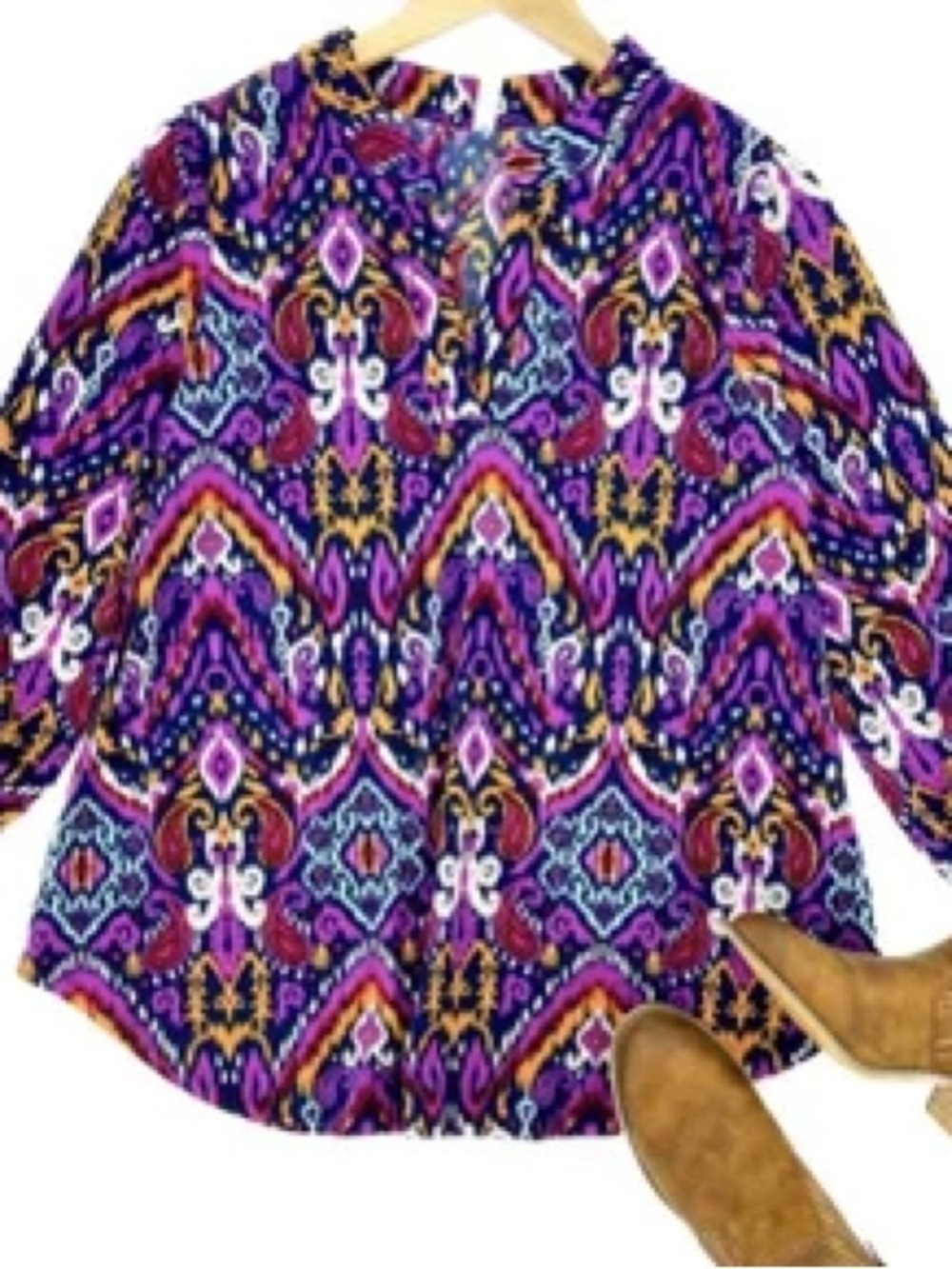 DEAR SCARLETT Lizzy Tunic Top Blouse 3X Plus Size Stretchy Pink Purple Ikat
